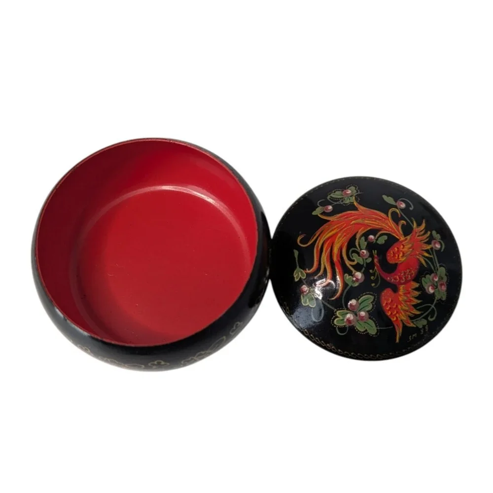 Flaming Peacock Phoenix 1988 USSR Lacquered Tin Jewelry Trinket Box Small